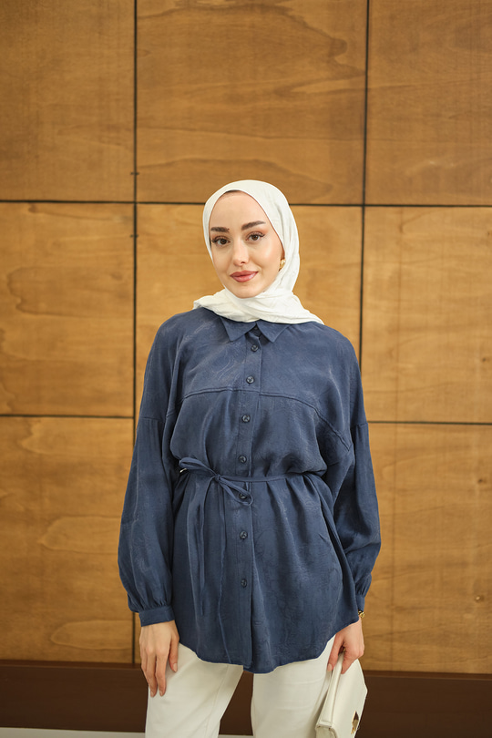 Çiçek desenli Jakar Gömlek İndigo Mavi