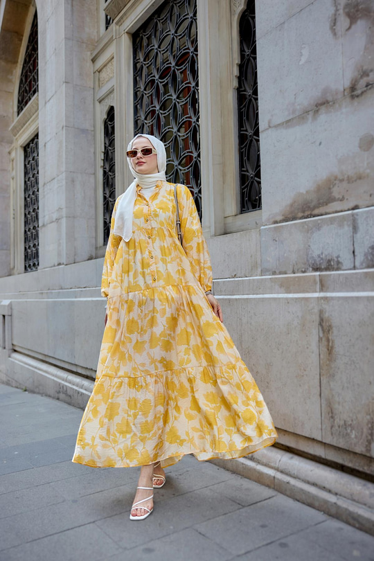 Çicek Desenli Viskon Elbise Sarı