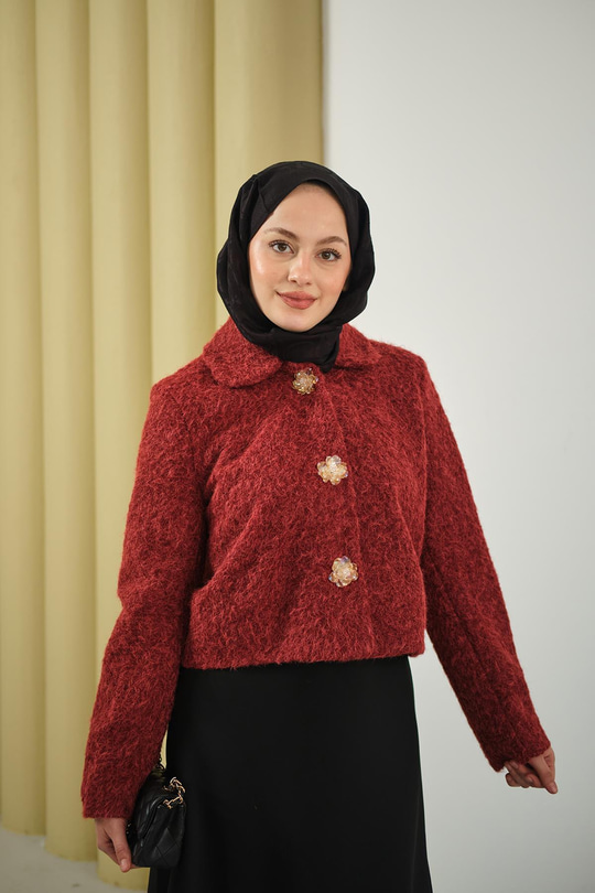 Çiçek Düğmeli Keçe Kısa Ceket Bordo