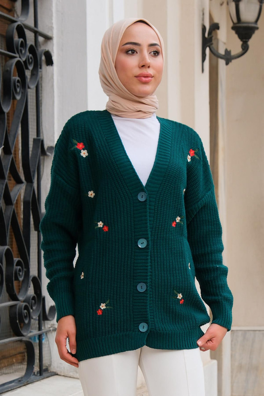 Çiçek Nakışlı Hırka Zümrüt Yeşil