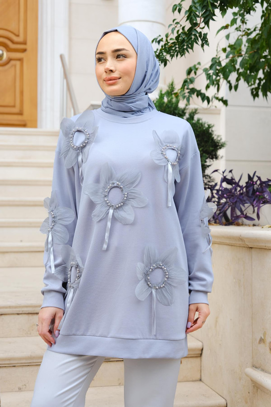 Çicek Nakışlı Tunik Gri