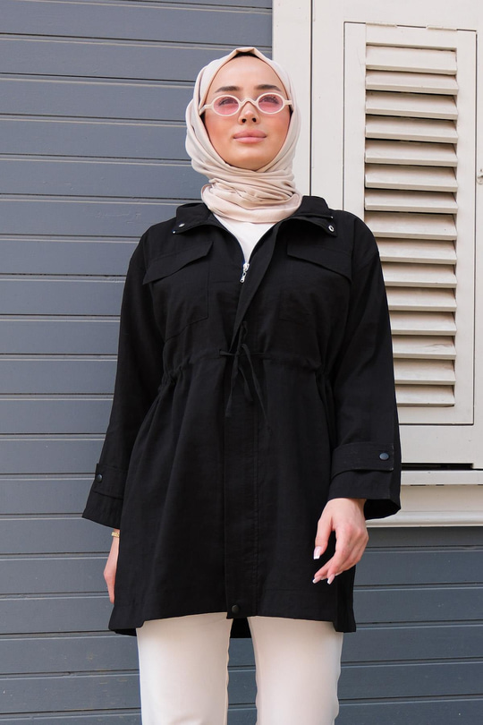 Çift Cep Bel Bağlamalı Ceket Siyah