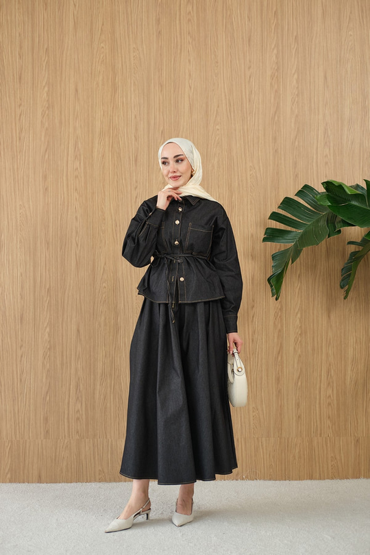 Çift Cep Detay Bel Bağlamalı Kot Takım Füme