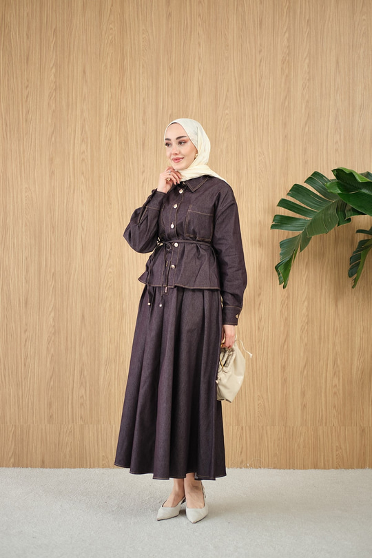 Çift Cep Detay Bel Bağlamalı Kot Takım Mürdüm