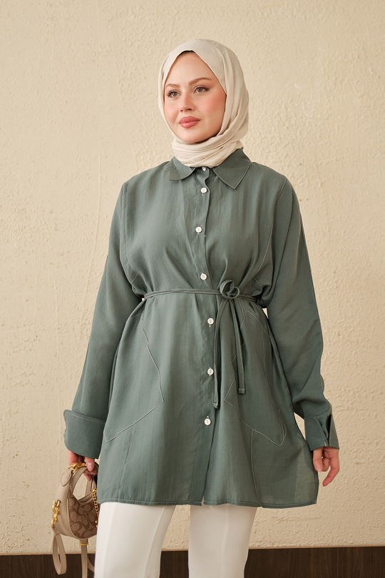 Çift Cep Detay Uzun Gömlek Yeşil