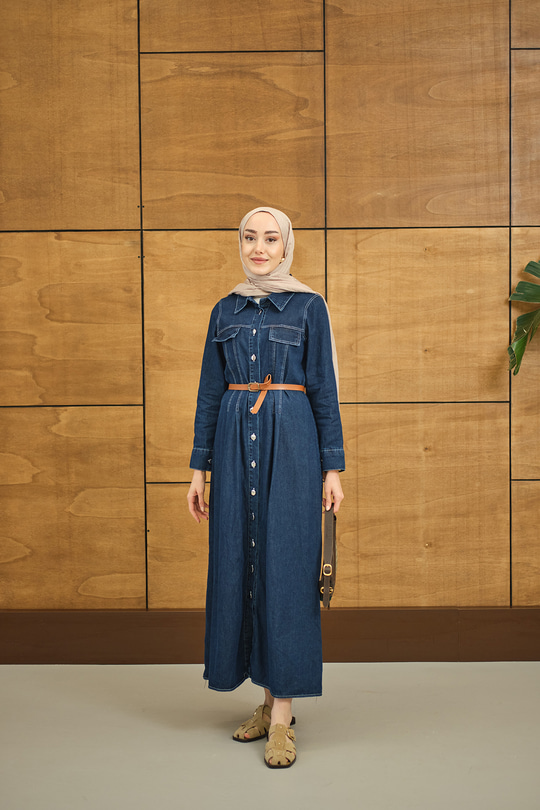 Çift Cep Detaylı Boydan Düğmeli Kot Elbise Lacivert