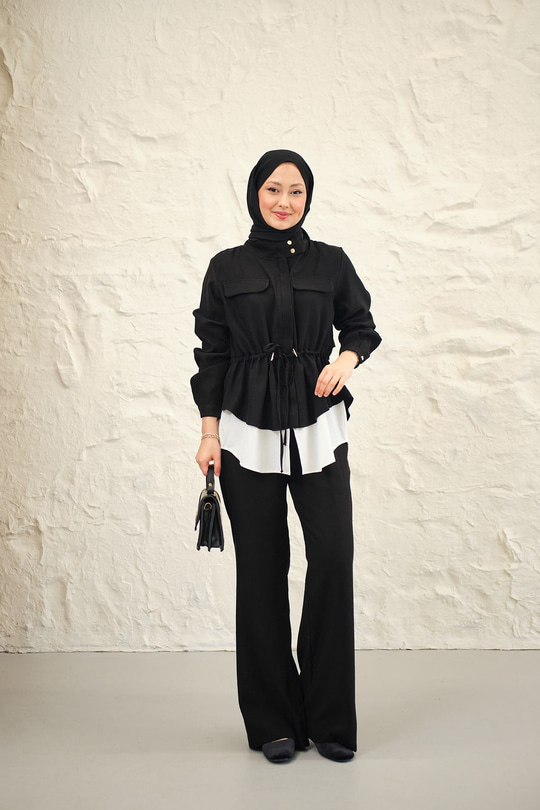 Çift Cep Detaylı Gizli Düğmeli Parçalı Takım Siyah