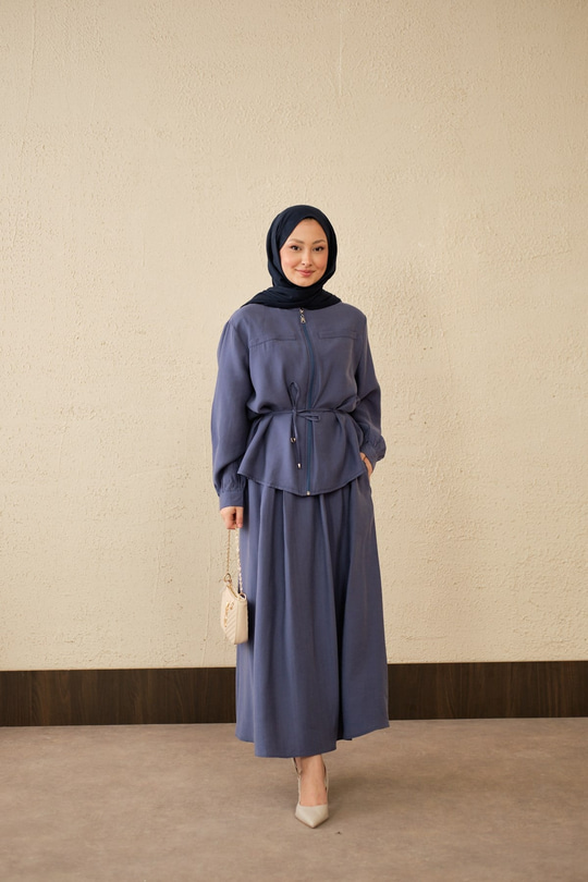Çift Cep Görünümlü Bel Bağlamalı Etekli Takım İndigo Mavi