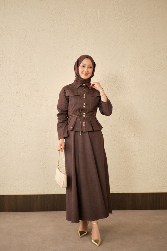 Çift Cep Görünümlü Dikiş Detay Kot Takım Kahverengi