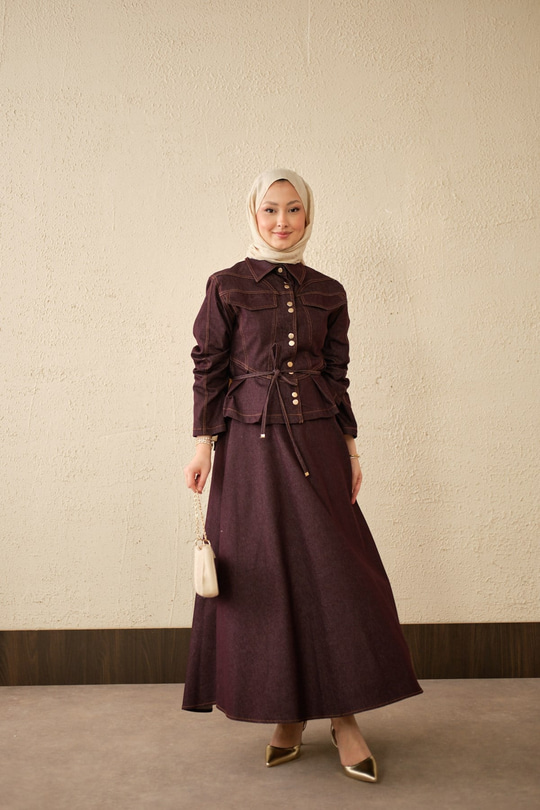 Çift Cep Görünümlü Dikiş Detay Kot Takım Mürdüm