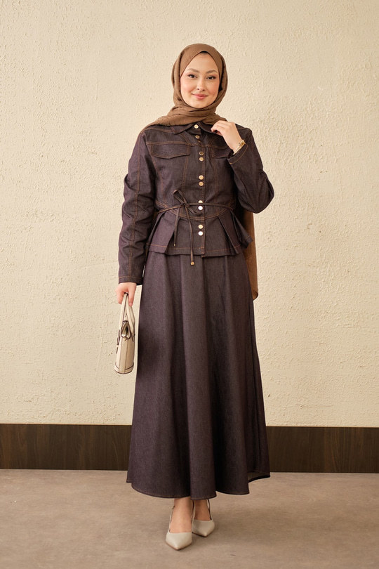 Çift Cep Görünümlü Dikiş Detay Kot Takım Mor