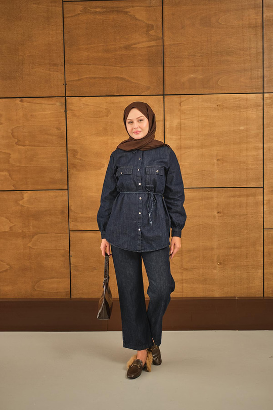 Çift Cepli Bel Bağlamalı Kot Takım Lacivert