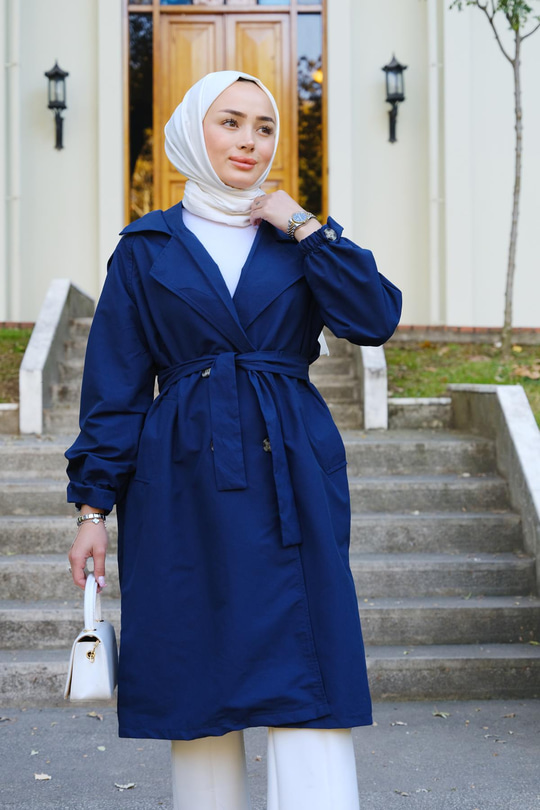 Çift Ceplı Bel Bağlamalı Trenç  Lacivert