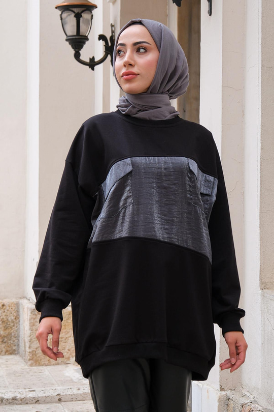 Çift Cepli Bisiklet Yaka Tunik Siyah