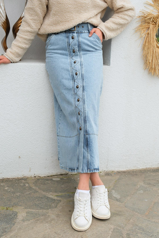 Çift Cepli Boydan Düğmeli Etek  Buz Mavi