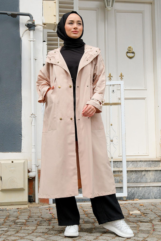 Çift Cepli Çıt Çıt Detay Kapüşonlu Trençkot Bej