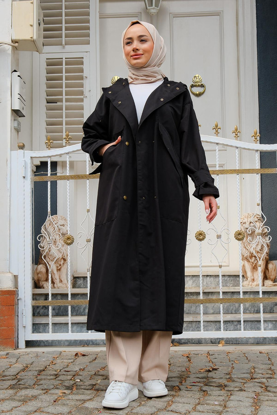 Çift Cepli Çıt Çıt Detay Kapüşonlu Trençkot Siyah