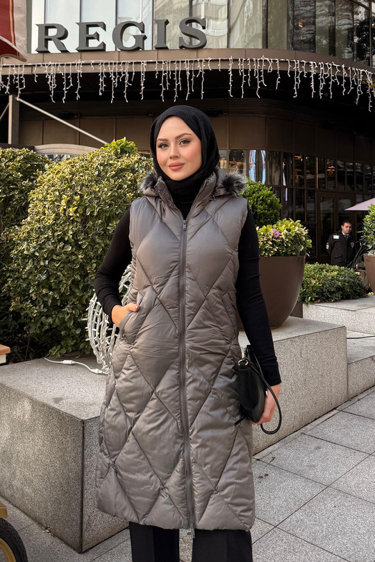 Çift Cepli Kapüşonlu Yelek Gri