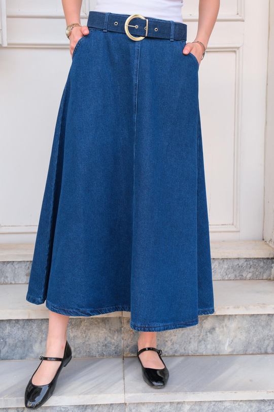 Çift Cepli Kot Etek Mavi