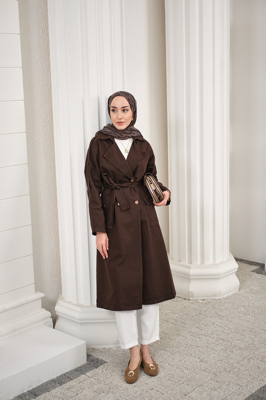 Çift Cepli Omuz Apolet Detay Bel Bağlamalı Kot Trenç Kahverengi