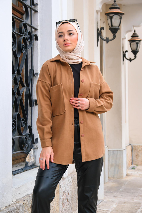 Çift Cepli Polar Gömlek Camel