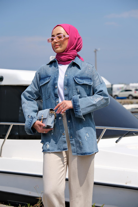 Çift Cepli Taş Aksesuarlı Kot Ceket MAVI