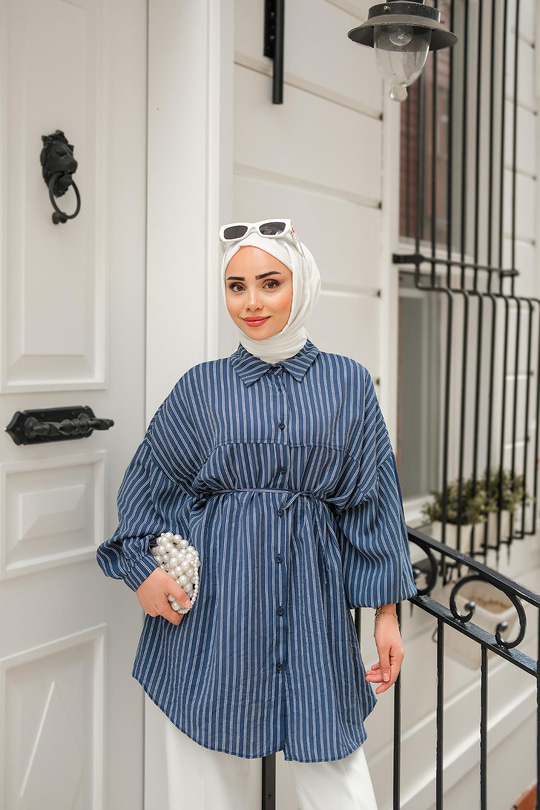 Çift Çizgi Desenli Gömlek Lacivert