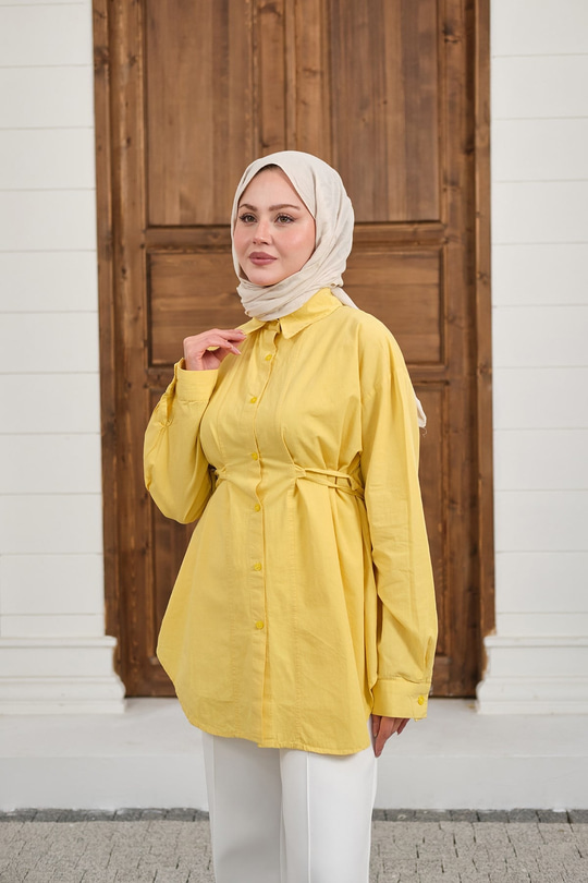 Çift Dikiş Detay Gömlek Sarı