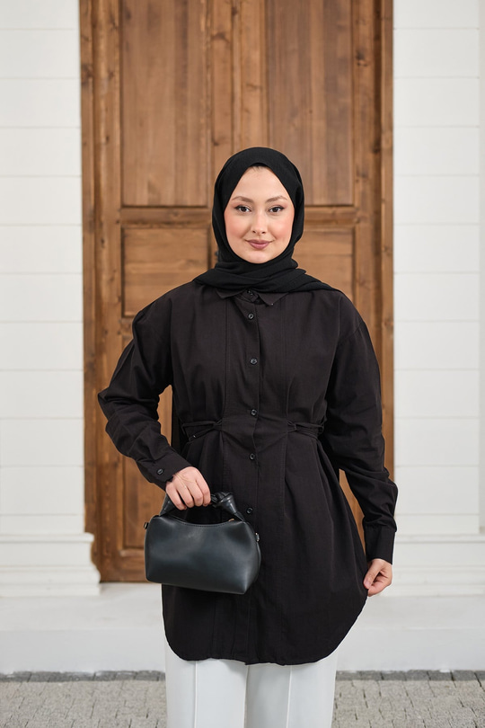 Çift Dikiş Detay Gömlek Siyah