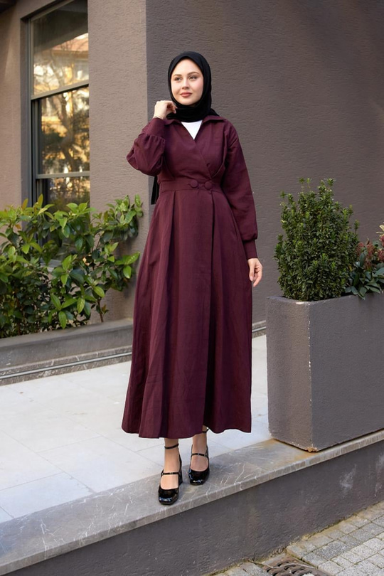 Çift Düğme Detaylı Kraş Elbise Mürdüm