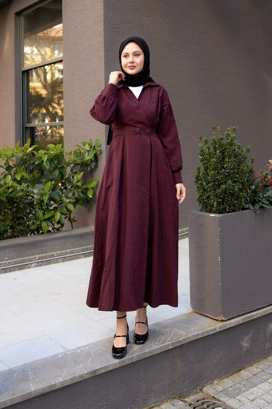 Çift Düğme Detaylı Kraş Elbise Mürdüm