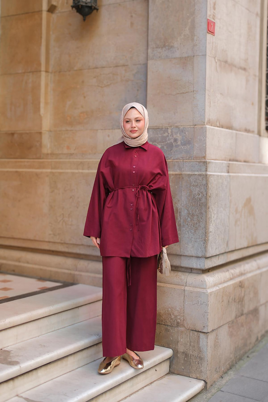 Çift Düğme Detaylı Takım Bordo