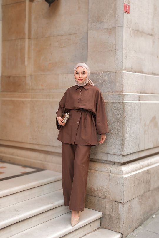 Çift Düğme Detaylı Takım Kahverengi