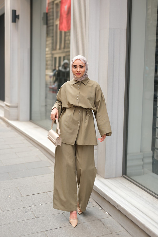 Çift Düğme Detaylı Takım Küf Yeşil