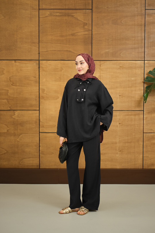 Çift Düğme Detaylı Takım Siyah