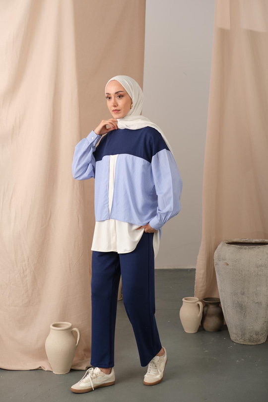 Çift Garni Detay Takım Lacivert