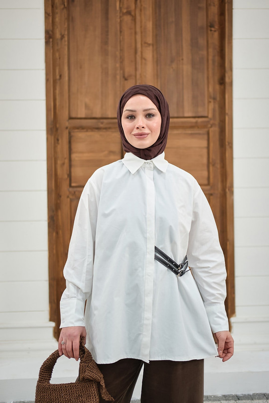 Çift Kemer Detay Gömlek Beyaz