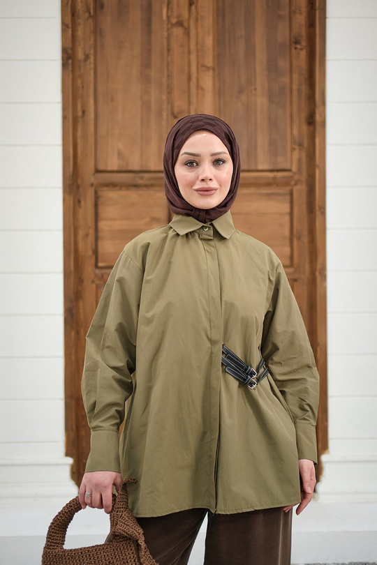 Çift Kemer Detay Gömlek Haki Yeşil