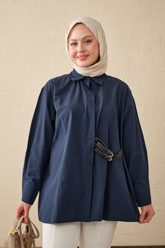 Çift Kemer Detay Gömlek Lacivert