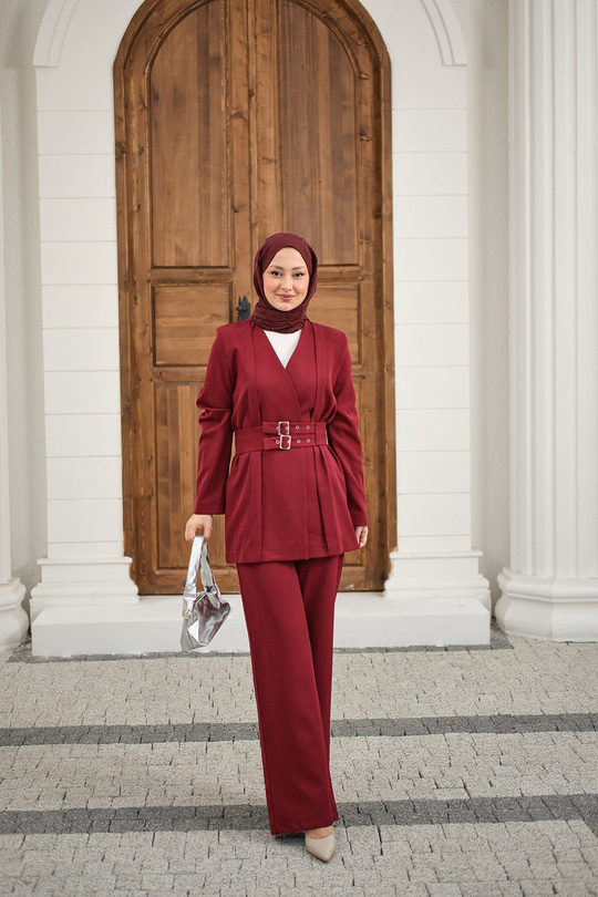 Çift Kemerli Ceketli Takım Kırmızı