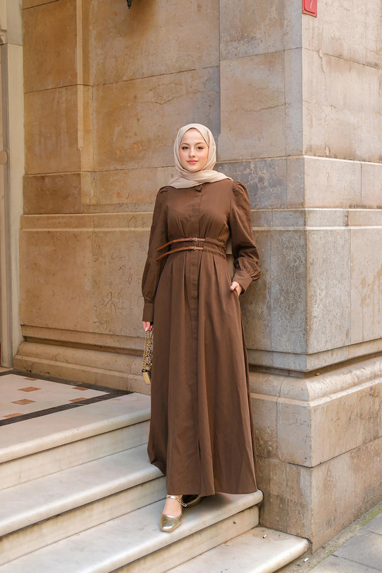 Çift Kemerli Keten Elbise Kahverengi