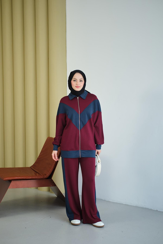 Çift Renk Detay İkili Takım Bordo