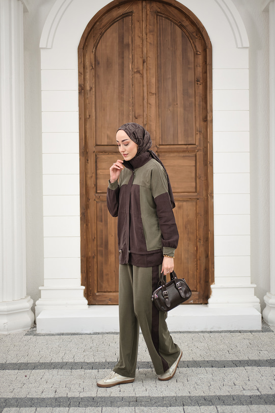 Çift Renkli Pantolonu Şerit Detay Gizli Fermuarlı Takım Haki Yeşil