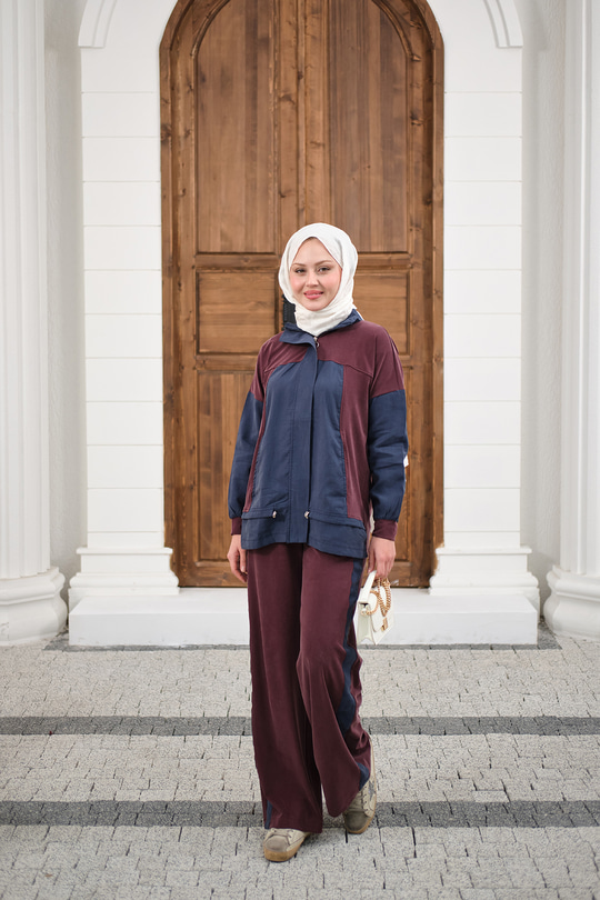 Çift Renkli Pantolonu Şerit Detay Gizli Fermuarlı Takım Bordo