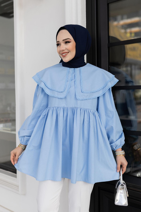 Çift Yaka Gupurlu Gömlek Bebe Mavi