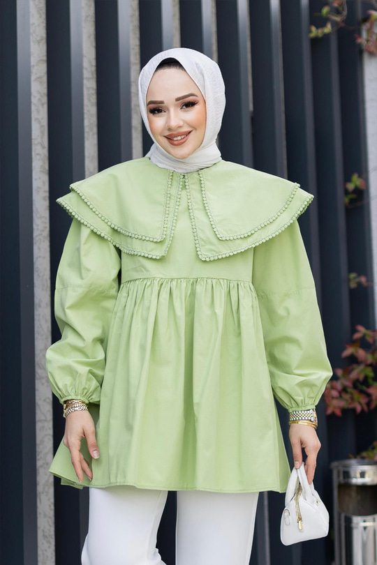 Çift Yaka Gupurlu Gömlek Fıstık Yeşil