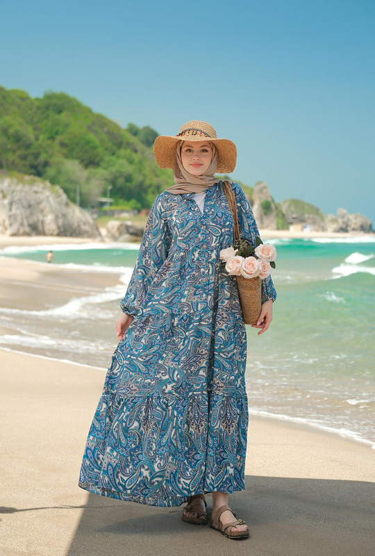 Çini Desen Elbise Mavi