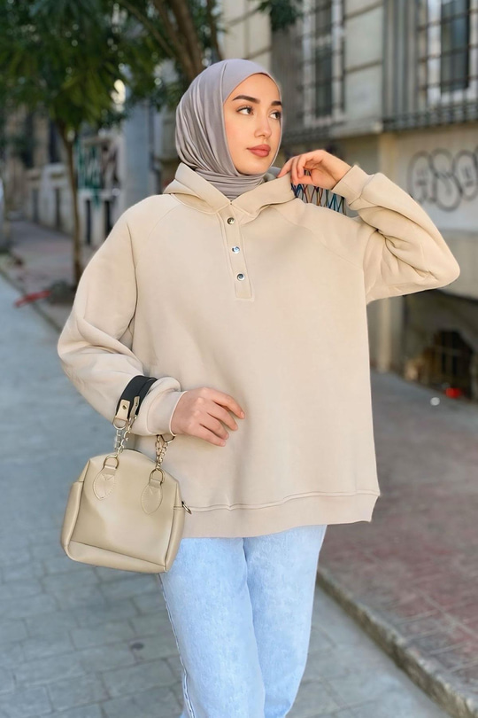 Çıt Çıt Detay Kapüşonlu Sweat Krem