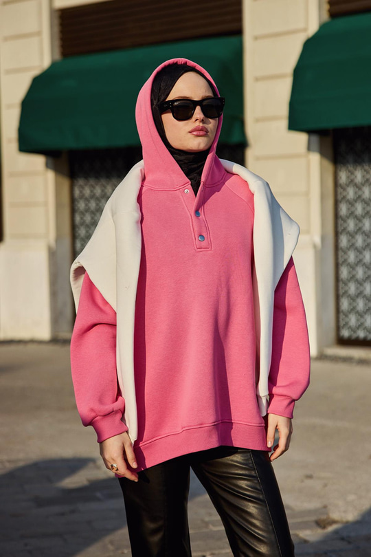 Çıt Çıt Detay Kapüşonlu Sweat Pembe