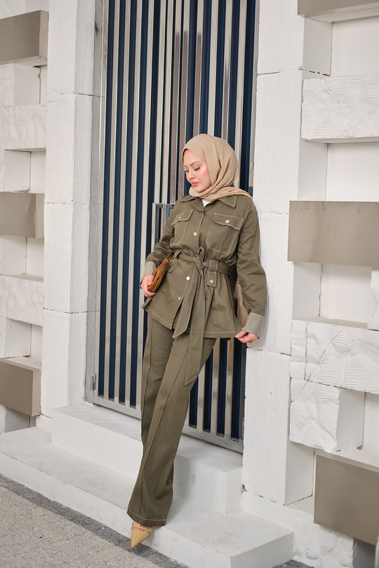 Çıt Çıt Detaylı Dikiş Detay Bel Bağlamalı Takım Haki Yeşil